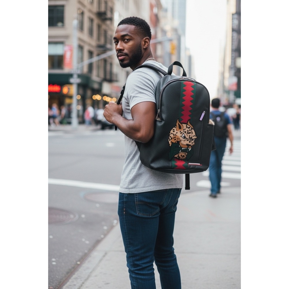 Sprayground Rare Limited Edition Leopard Graphic Backpack Black Vegan Leather